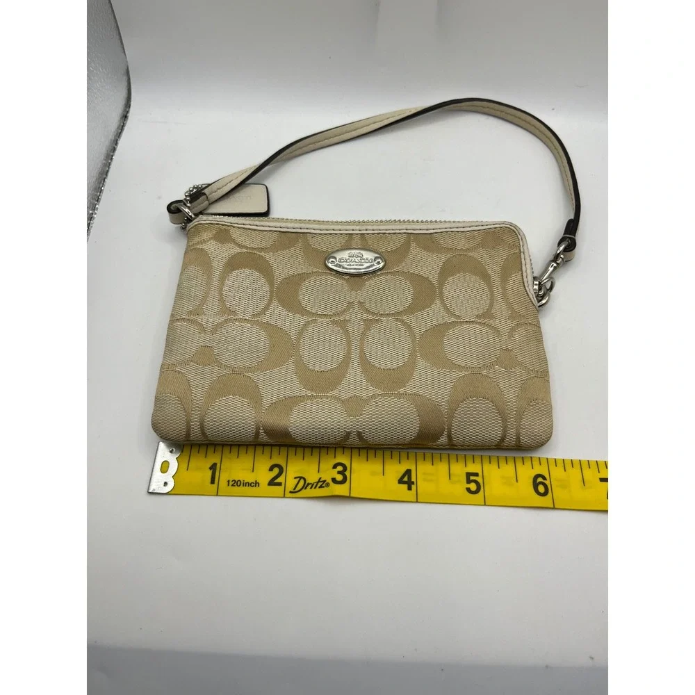 Coach Signature Canvas‎ Wristlet Pouch Beige Tan Leather Trim Charm